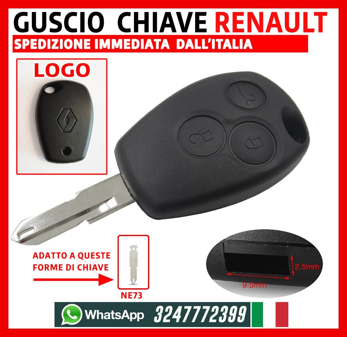 Guscio Chiave 3 Tasti + Lama NE73 per Renault Clio 2 3 Twingo Kangoo Modus