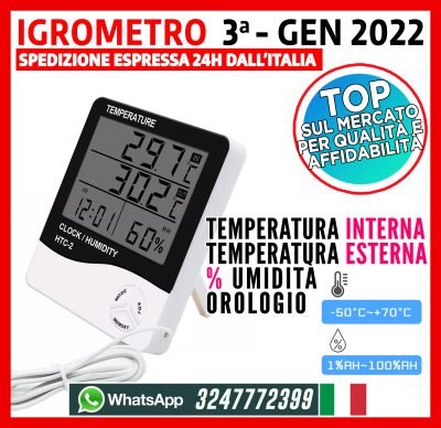 Igrometro Digitale LCD Ora Umidità Temperatura da -50° a +70° precisione 0.1°