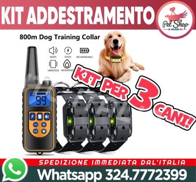 3 Collari + Telecomando 800m Kit Addestramento per 3 Cani Scossa Elettrica LCD