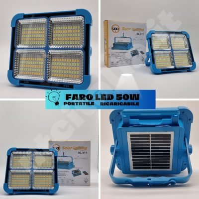Faro LED 50W Pannello Solare Portatile Ricaricabile 17x15cm 5 Modalita’luce