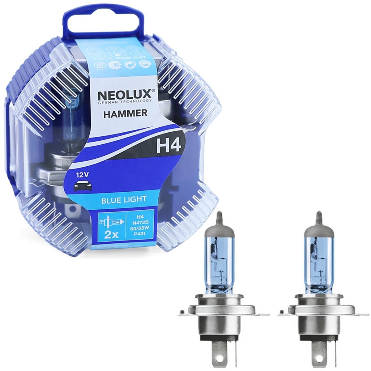 NEOLUX Osram H4 Blu Light 60/55W 12V Lampadine Alogene Xenon Look 2 Pezzi