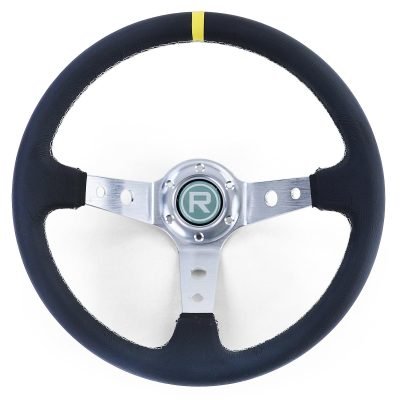 Volante Sportivo a Raggi Tipo 2 in Pelle Vera Alluminio Nero 350mm Universale