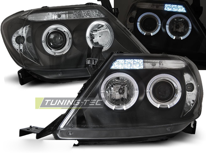 Toyota Hilux 05-11 Angel Eyes Nero Fari Anteriori LED Neri per Pickup 05-11
