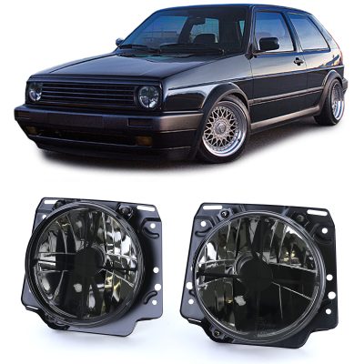 Fari Vetro Trasparente H4 con Fadenkreuz Nero Fumé per Volkswagen Golf 2