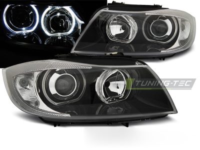 Fari Angel Eyes LED Nero per BMW E90/E91 (03-11) Fanali Anteriori Neri