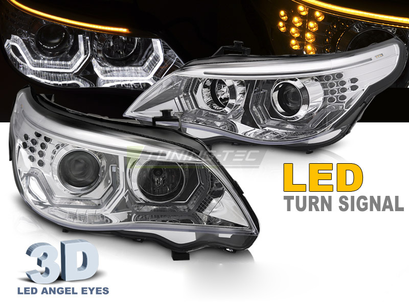 Fari Angel Eyes LED 3D Cromato per BMW E60 E61 (03-07) Fanali Anteriori