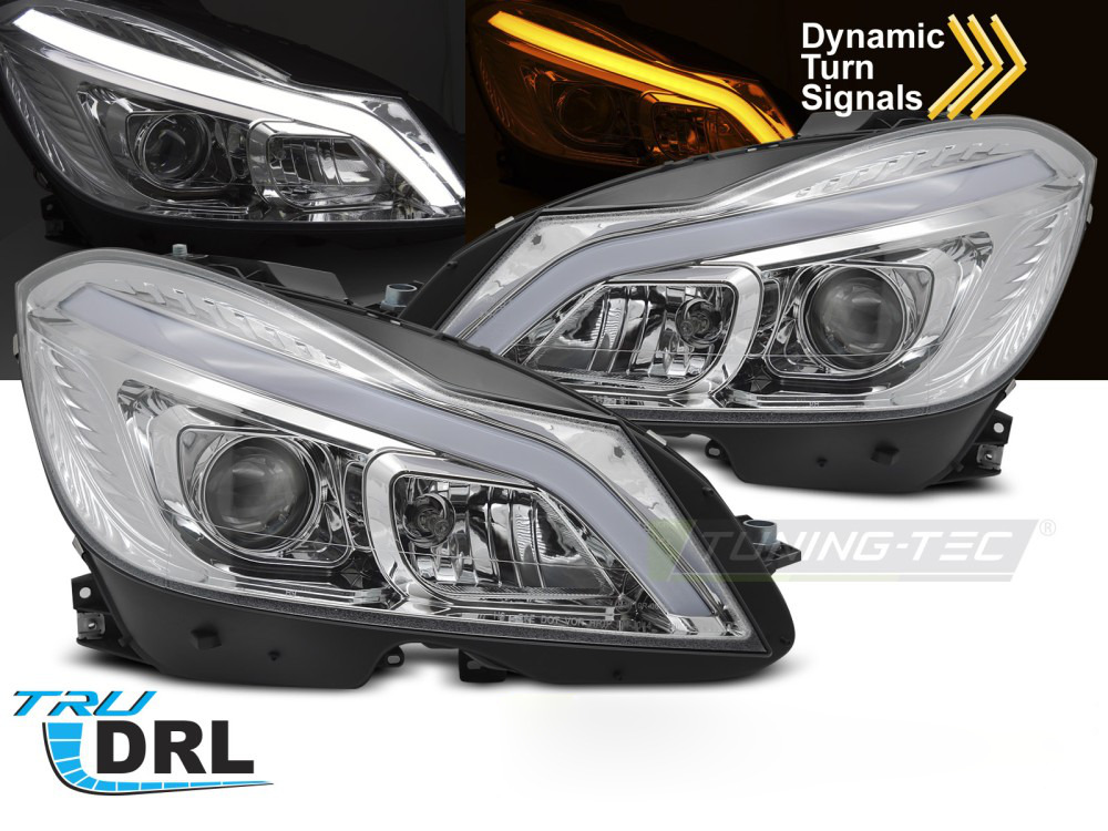 Fari Tube LED Cromato Sequenziali DRL per Mercedes W204 (2011-2014) Luci Diurne