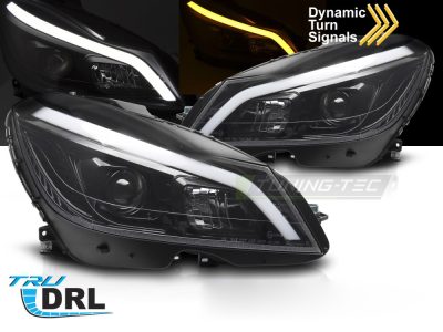 Fari Tube LED Nero Lucido Sequenziali DRL per Mercedes W204 (2011-2014)