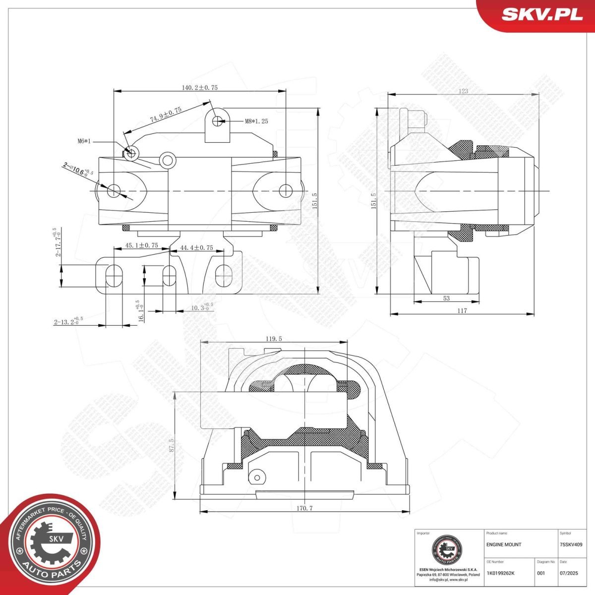 Supporto del motore per VW Golf Plus V (5M1) Golf V (1K1) EOS (1F7) 1K0199262K - immagine 6