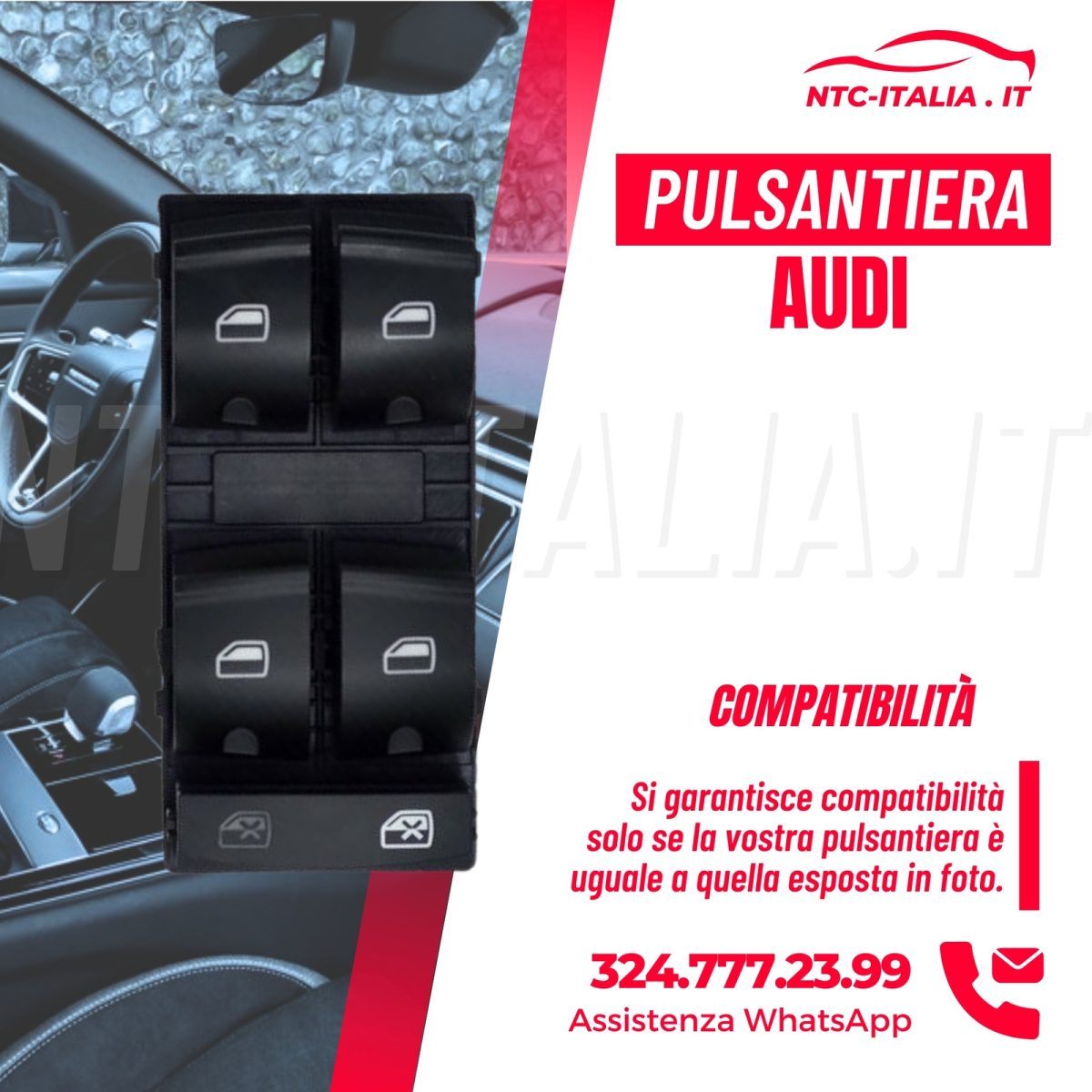 Pulsantiera alzacristalli sinistra per AUDI A3 (03-12), A6 C6 (04-11) Q7 (06-15) - immagine 3