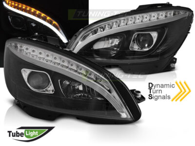 Fari Anteriori Tubolari Neri Sequenziali per Mercedes W204 07-10