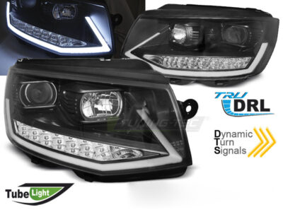 Fari Anteriori Tubo Luci Diurne Neri Cromati Sequenziali per Volkswagen T6 15-19
