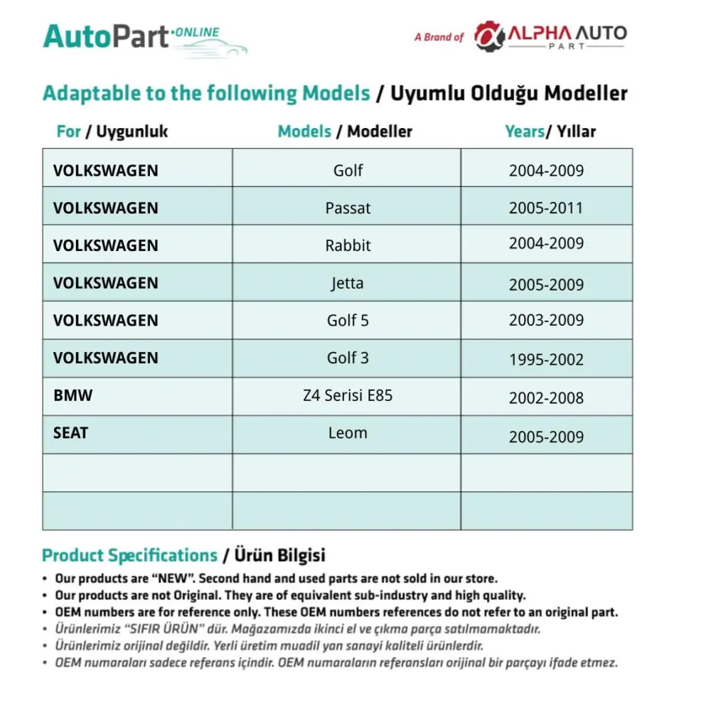 Alzacristallo Sinistro per Volkswagen Golf 5 (3 Porte) e Golf 3 Cabriolet
