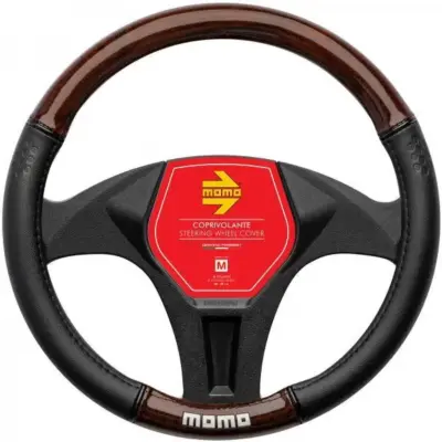 Coprivolante auto in PVC nero e marrone effetto legno luxury 38-39 cm