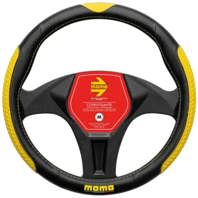 Coprivolante auto sportivo in tessuto nero e giallo resistente e traspirante