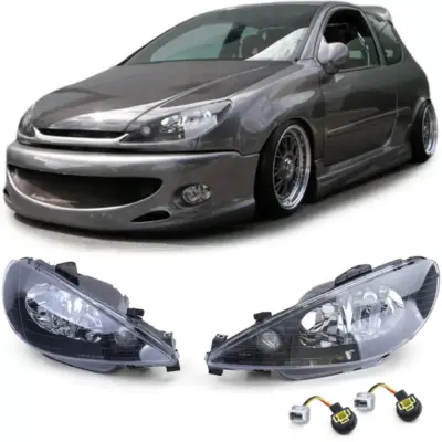 Fari Anteriori Trasparenti Neri H7 con Adattatore per Peugeot 206 1998-2008