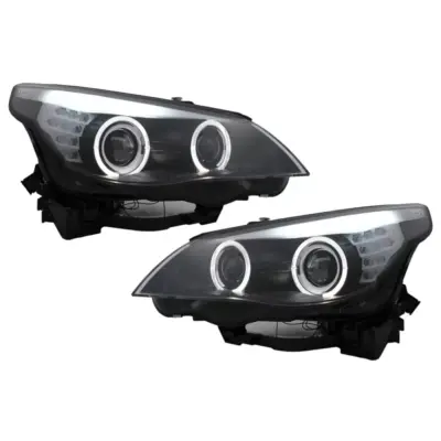 Fari LED Angel Eyes Anteriori Neri LCI per BMW Serie 5 E60 E61 2003-2007 LHD