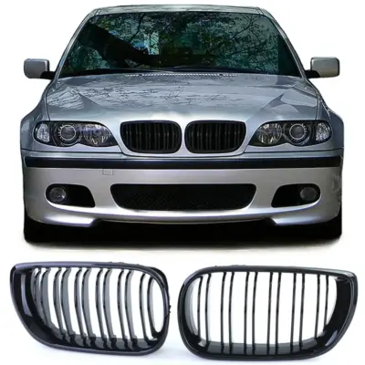 Griglia Doppia Barra Nera Lucida per BMW Serie 3 E46 2001-2005 Plug & Play