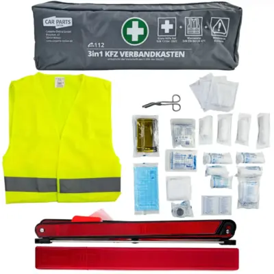 Kit Pronto Soccorso 3 in 1 con Gilet e Triangolo Universale Din 13164