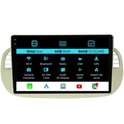 Navigatore Dedicato 2K 4gb Ram 64gb Android Auto Carplay per Fiat 500 2007-2015