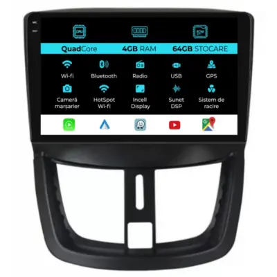 Navigatore Touch Screen 9 Pollici Quadcore 4gb Ram 64gb Storage per Peugeot 207