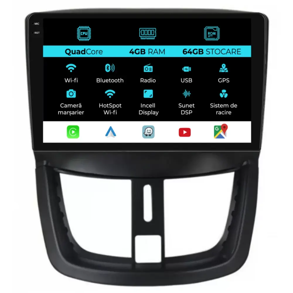 Navigatore Touch Screen 9 Pollici Quadcore 4gb Ram 64gb Storage per Peugeot 207
