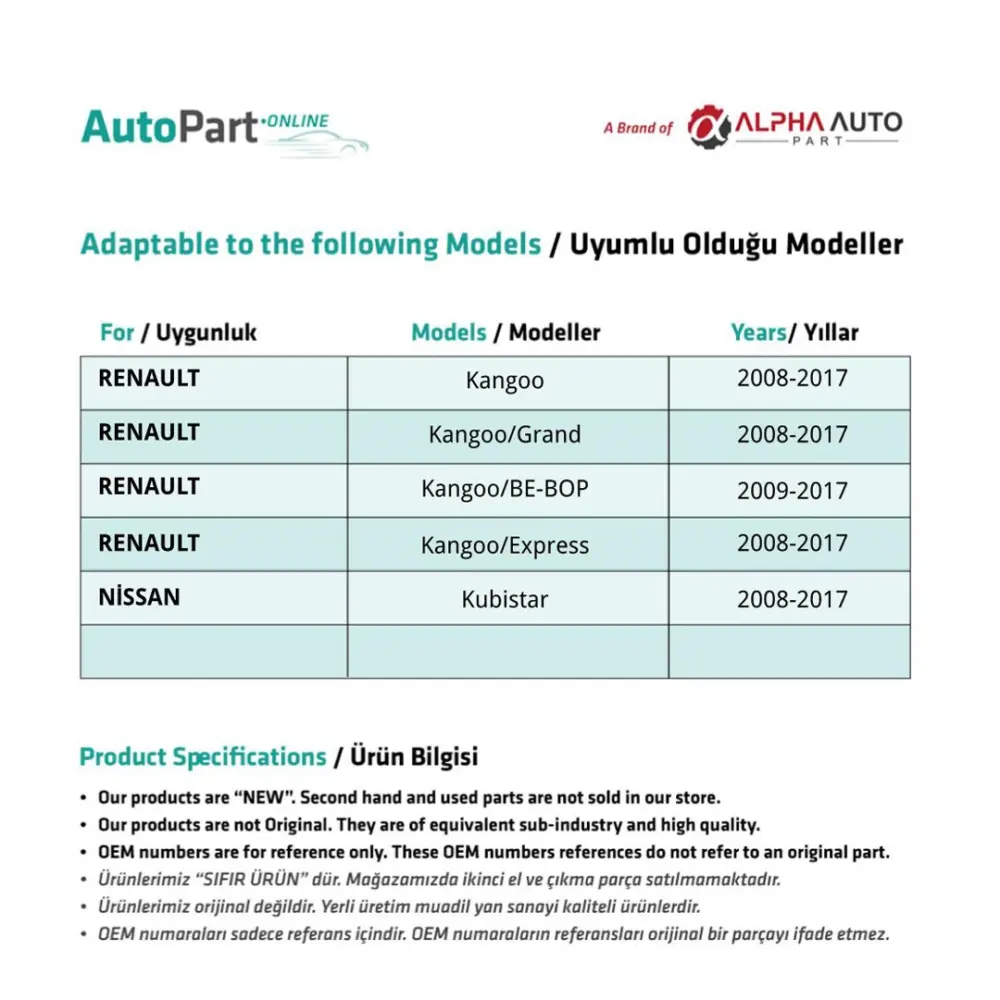 Parafango Segnale 8200439492 per Renault Kangoo, Nissan Kubistar