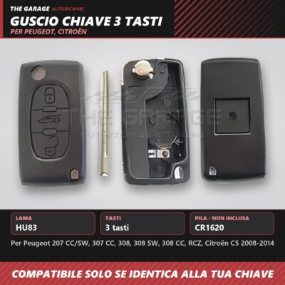 Guscio Chiave a Scatto 3 Tasti Bagagliaio HU83 CE0536 Peugeot 207 308 RCZ C5