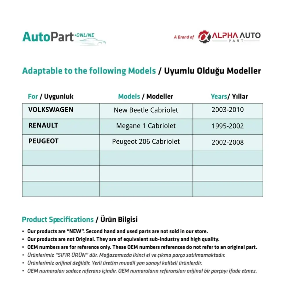Set di Supporti Finestrini Posteriori in Plastica per Volkswagen New Beetle