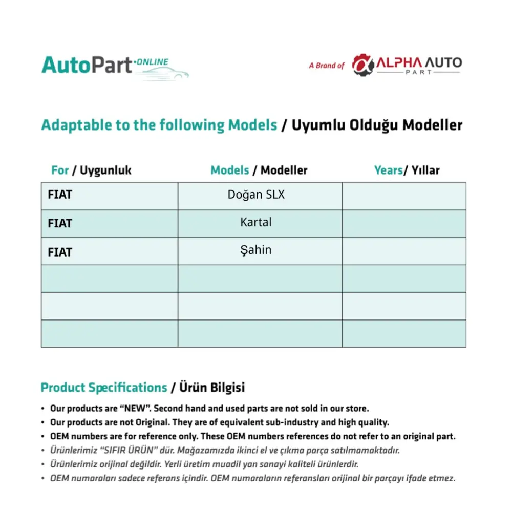 Set Guarnizioni per Fiat Doğan SLX, Kartal, Şahin
