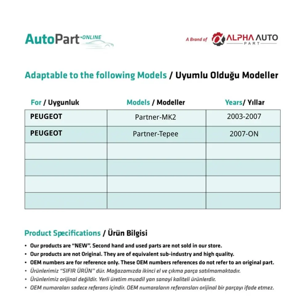 Set Plastica Alzavetro Anteriore per Peugeot Partner MK2, Tepee