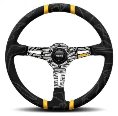 Volante sportivo 350 mm nero giallo in materiale resistente