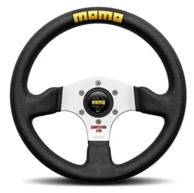 Volante sportivo da corsa 320 mm nero e argento pelle e alluminio