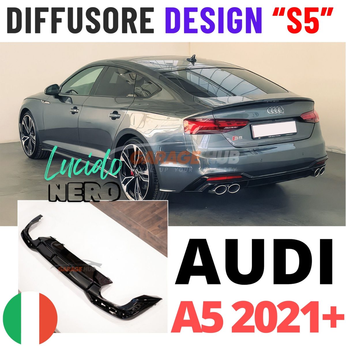 Diffusore *S5 Design* per Audi A5 dal 2021+ per paraurti S-Line Nero Lucido ABS