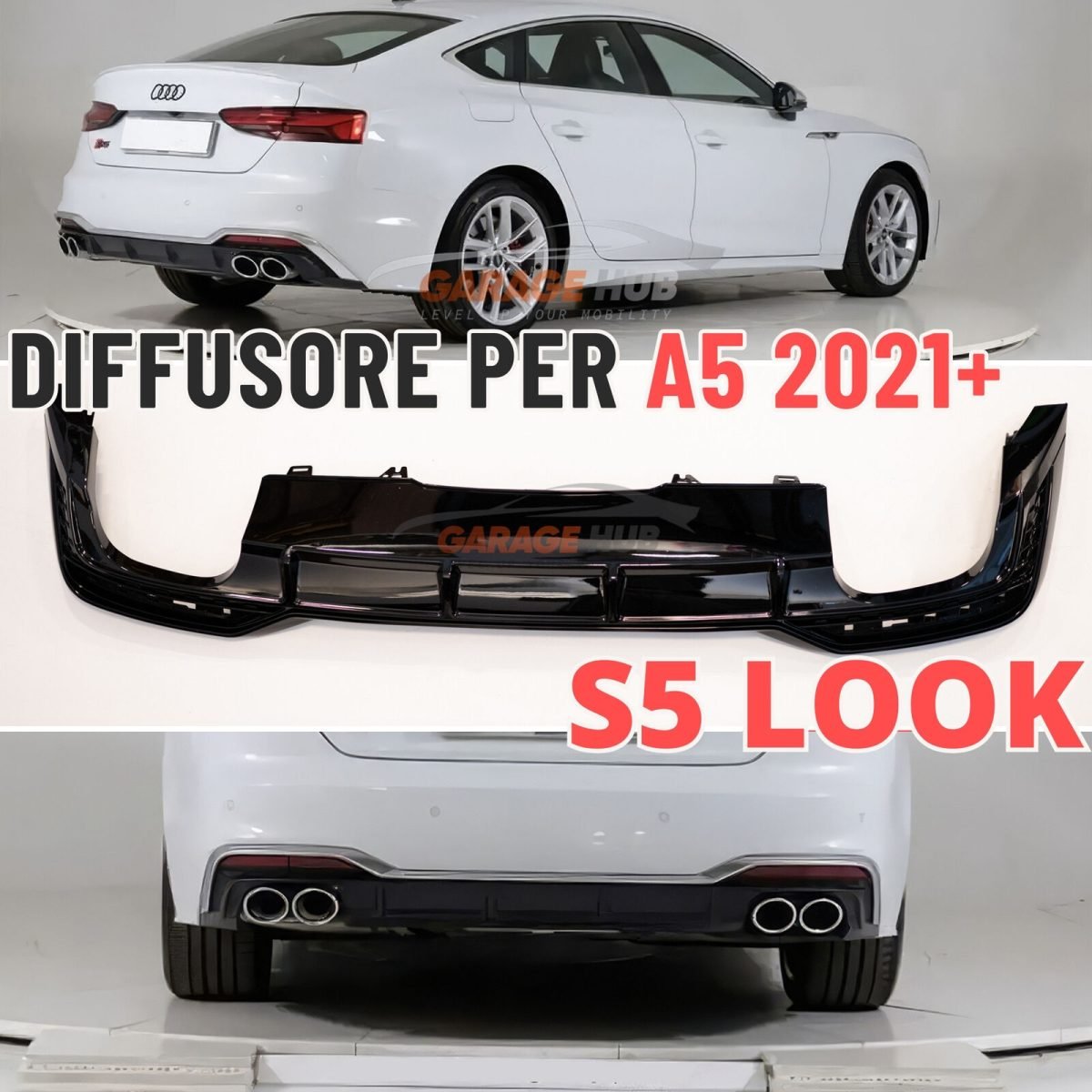 Diffusore *S5 Design* per Audi A5 dal 2021+ per paraurti S-Line Nero Lucido ABS
