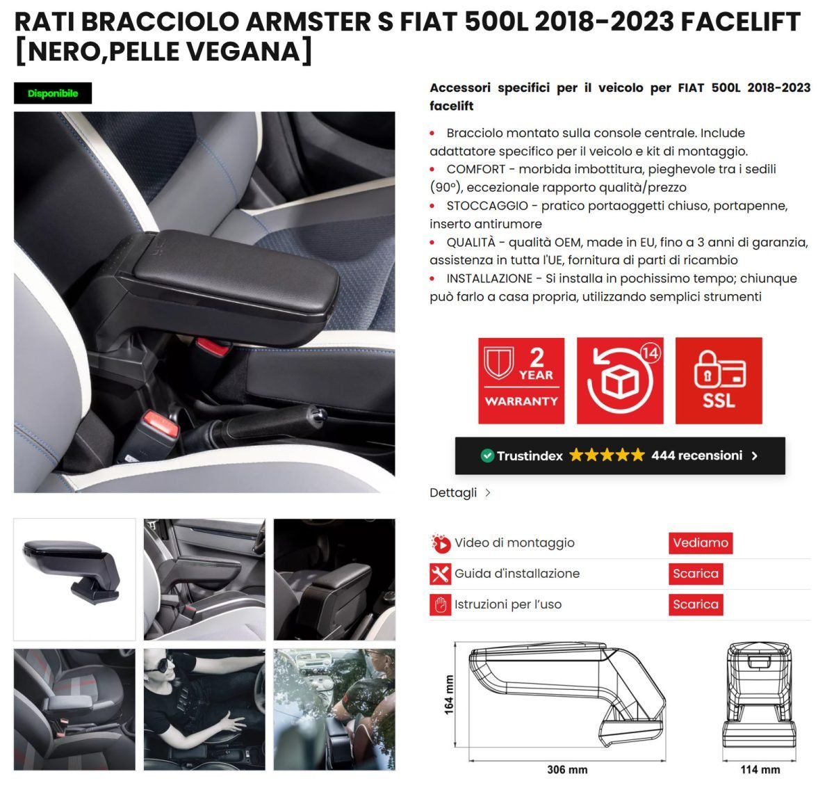 Bracciolo in ECO Pelle Premium per Fiat 500L 2018-2023 -Nero, Console Centrale